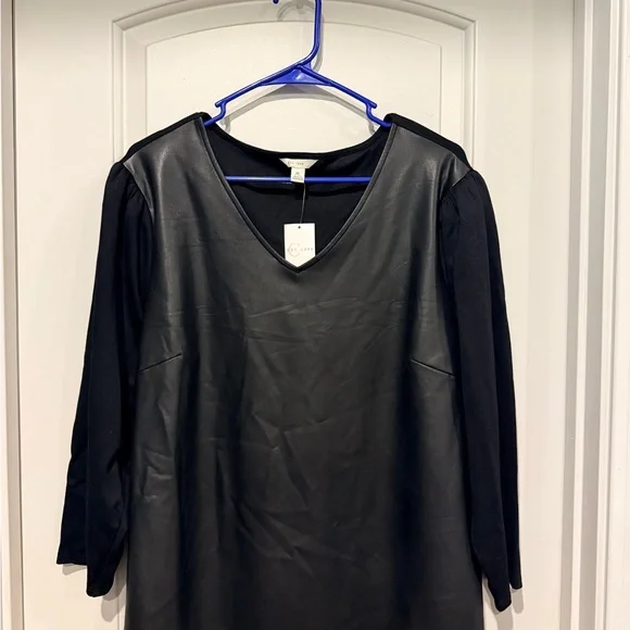 Cato Black Faux Leather V-Neck Blouse - Picture 1 of 2